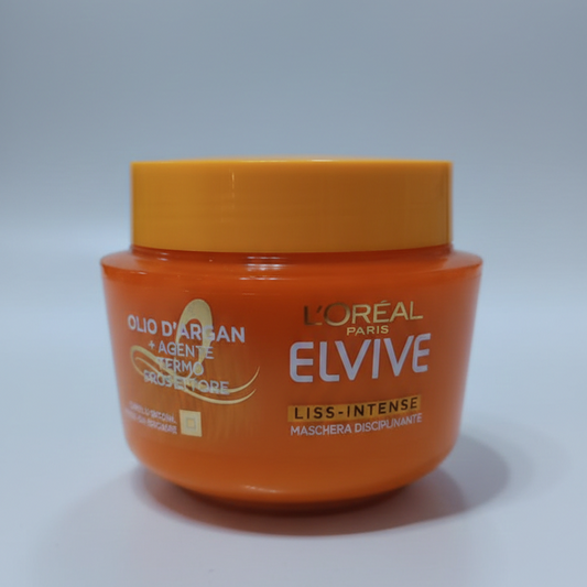 L'Oréal Elvive Maschera Liss Intense 300 ml con olio di argan e scudo termo-protettivo anti-crespo per capelli ribelli effetto liscio profondo e protezione fino a 230°C