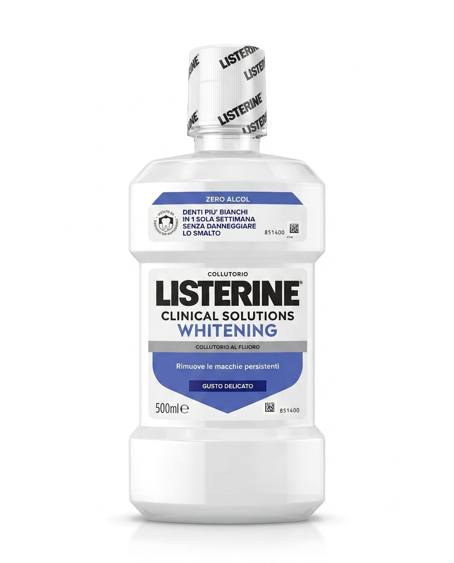 Listerine Advanced White 500 ml collutorio sbiancante senza alcol, denti più bianchi in 1 settimana e smalto rinforzato.