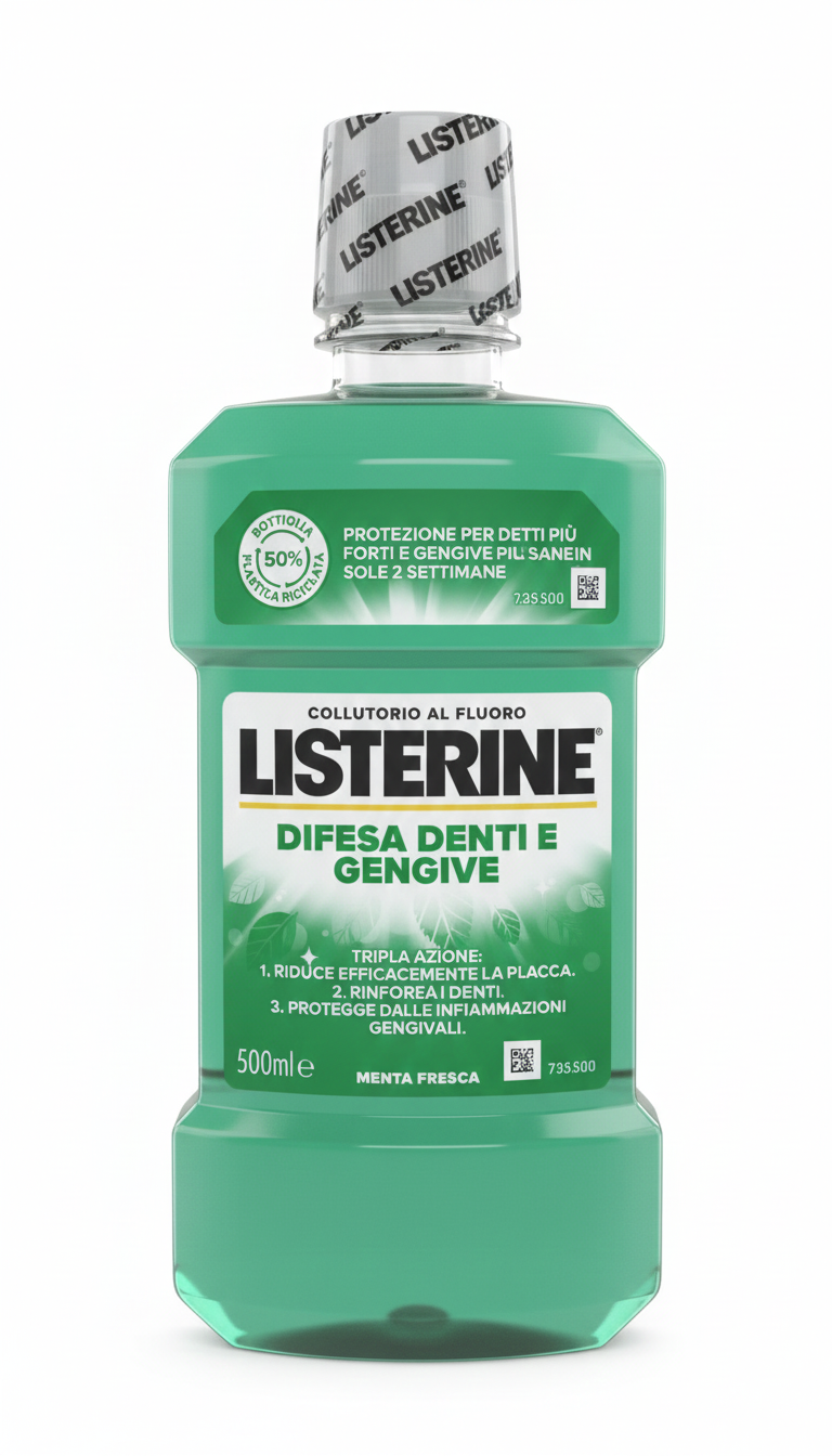 Listerine Difesa Denti e Gengive 500 ml | Collutorio Tripla Azione Protettiva | Formula Zero Alcol con Fluoro | Denti più Forti in 2 Settimane | Gusto Menta Fresca