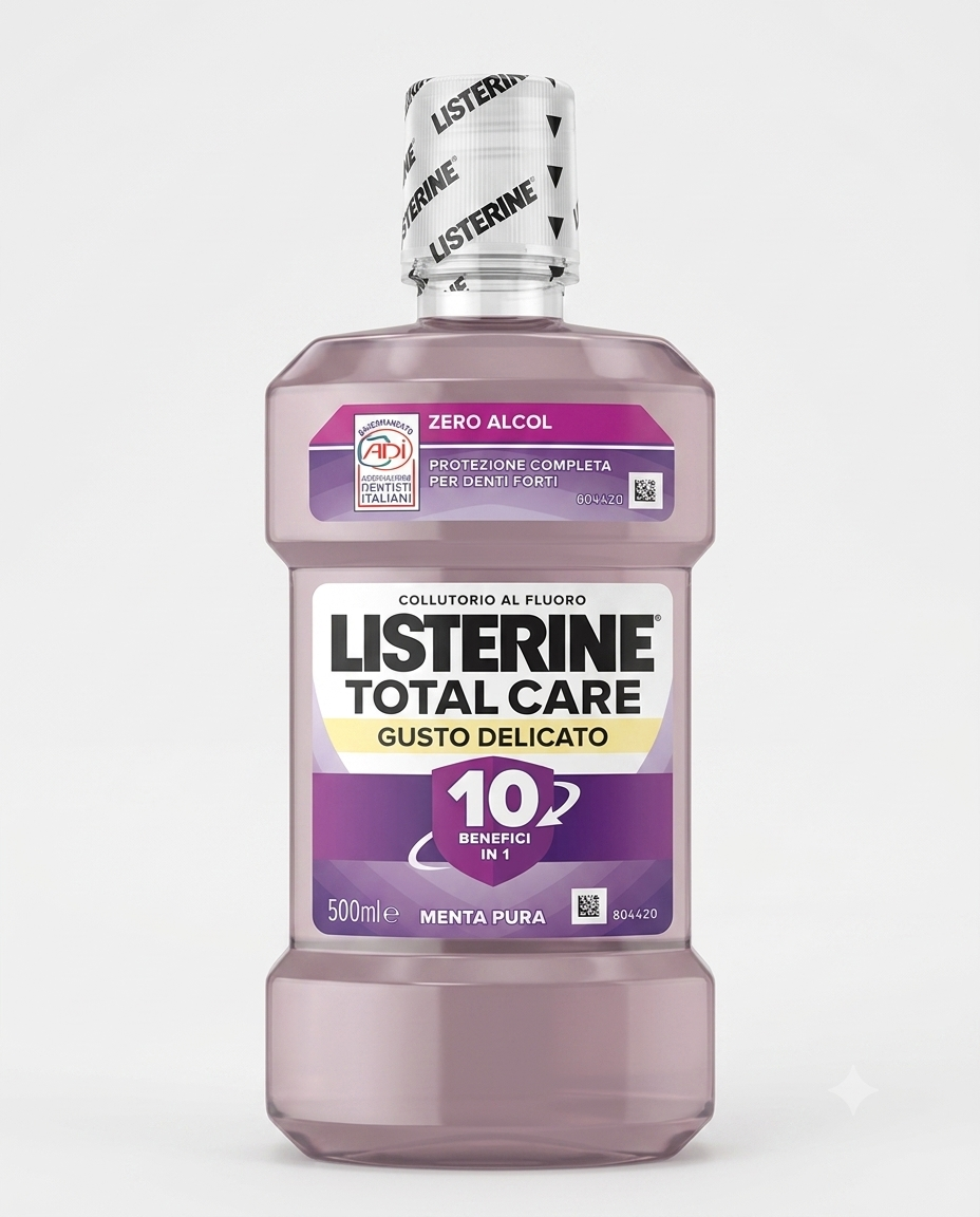 Listerine Total Care Gusto Delicato 500 ml collutorio zero alcol 10 in 1 alla menta per protezione denti e gengive.