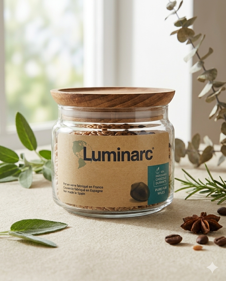 Luminarc Pure Jar Wood 50 cl (16 ¾ oz) – Barattolo in Vetro con Tappo Ermetico in Legno – Contenitore Eco-Friendly per Alimenti – Made in France