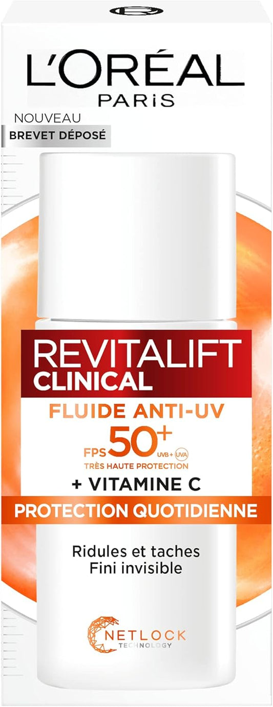 L'Oréal Revitalift Clinical Fluido Anti-UV SPF 50+ - Vitamina C Pura, Tecnologia Netlock Brevettata - Anti-Macchie e Rughe 50ml