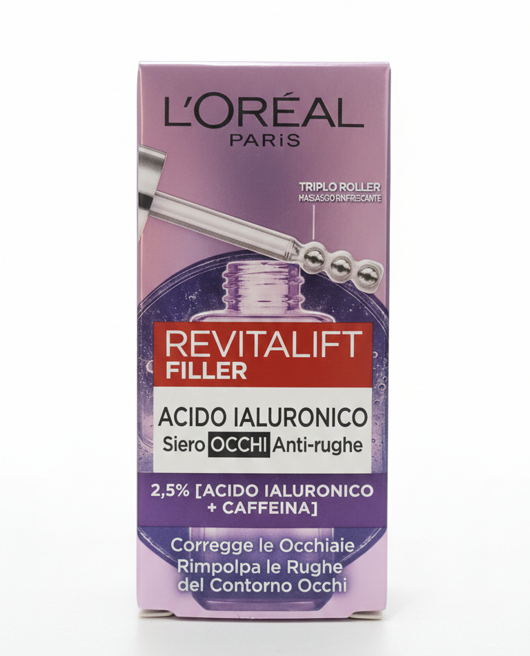 L'Oréal Revitalift Filler Siero Contorno Occhi 20ml | 2.5% Acido Ialuronico Puro + Caffeina | Triplo Roller | Anti-Rughe, Occhiaie, Borse