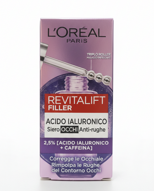 L'Oréal Revitalift Filler Siero Contorno Occhi 20ml | 2.5% Acido Ialuronico Puro + Caffeina | Triplo Roller | Anti-Rughe, Occhiaie, Borse