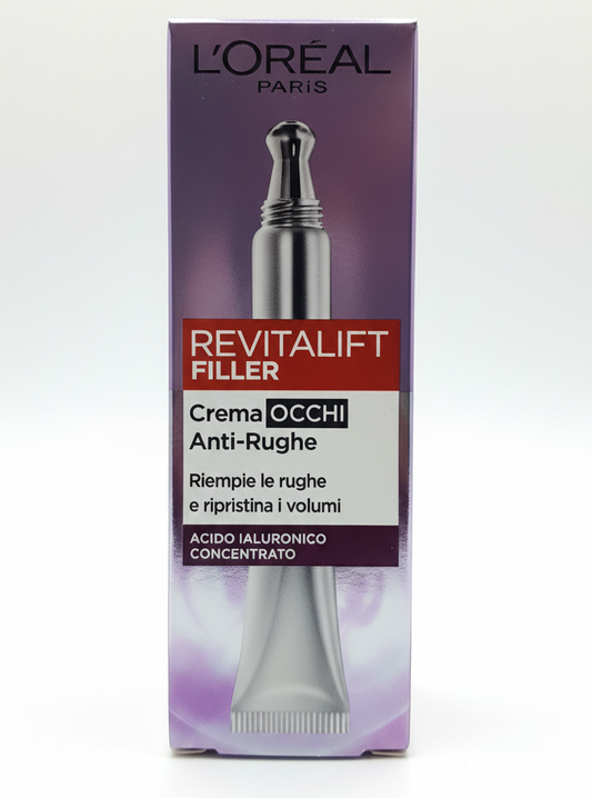 L'Oréal Revitalift Filler Siero Occhi 20ml | 1.5% Acido Ialuronico + 1% Caffeina | Triplo Roller | Anti-Occhiaie e Rughe | Risultati in 2 Settimane