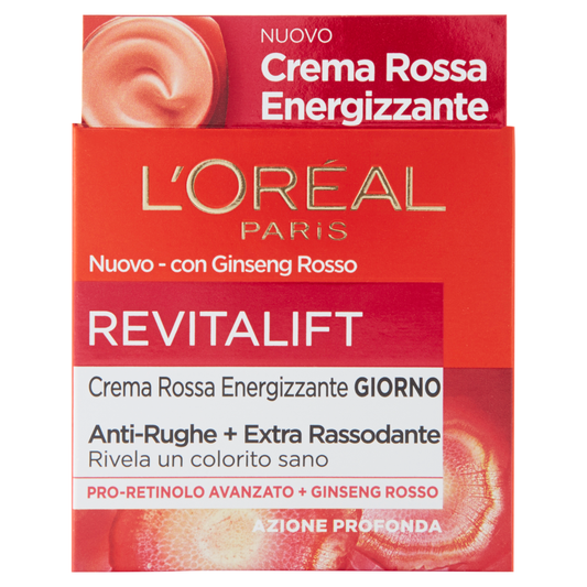 L'Oréal Paris Revitalift Crema Rossa Energizzante Giorno - 50ml - Anti-Rughe + Extra-Rassodante - Con Pro-Retinolo Avanzato + Ginseng Rosso - Effetto Illuminante se
