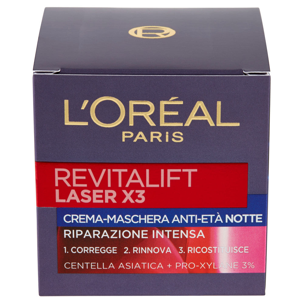 L'Oréal Revitalift Laser X3 Crema-Maschera Notte 50ml - Riparazione Intensa: 3% Pro-Xylane, Centella Asiatica - Anti-Rughe e Ridensificante