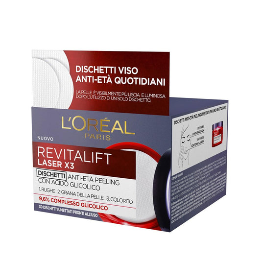 L'Oréal Revitalift Laser X3 Dischetti Viso Peeling Quotidiano - 9,6% Complesso Glicolico - Anti-Età, Luminosità, 30 Pezzi