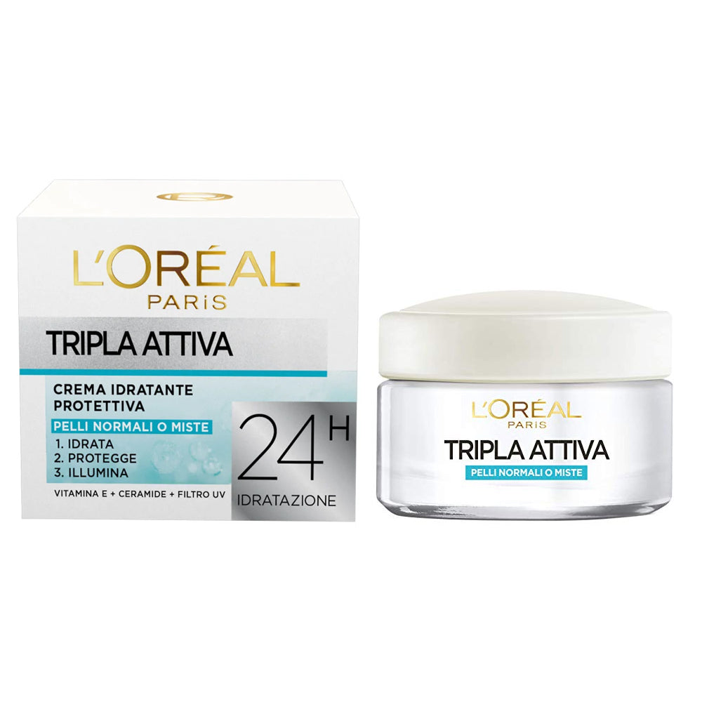 L'Oréal Tripla Attiva Crema Idratante Protettiva 24H - Pelli Normali/Miste 50ml - Vitamina E, Ceramidi, Filtro UV - Idrata, Protegge, Illumina