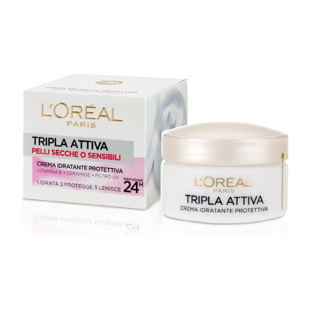 L'Oréal Tripla Attiva Crema Idratante Protettiva 24H - Pelli Secche/Sensibili 50ml - Vitamina E, Ceramidi, Filtro UV - Lenisce, Protegge, Idrata