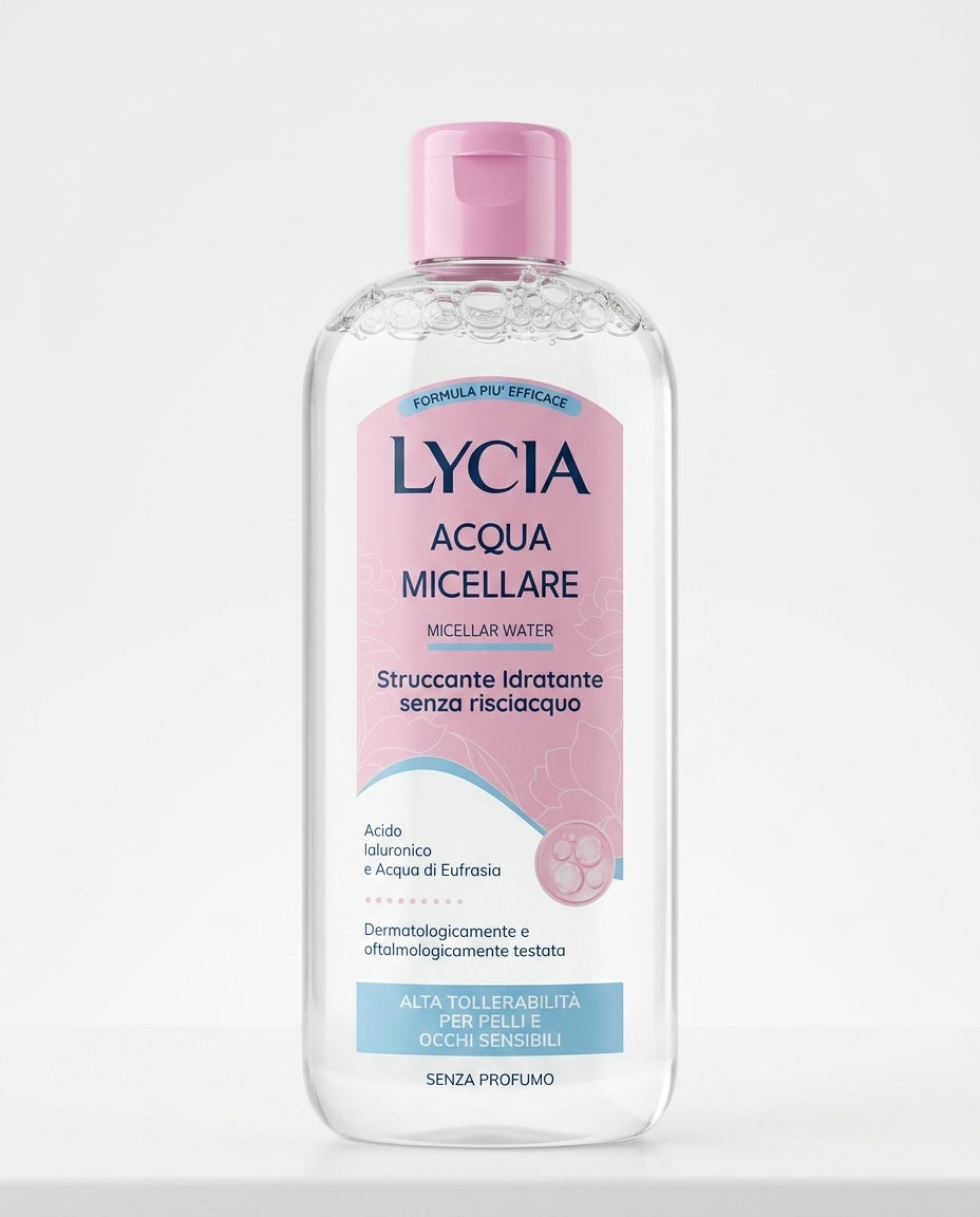 Lycia Acqua Micellare Struccante Idratante 400 ml, senza risciacquo, con acido ialuronico e acqua di eufrasia, formulata per detergere e struccare delicatamente pelli e occhi sensibili.