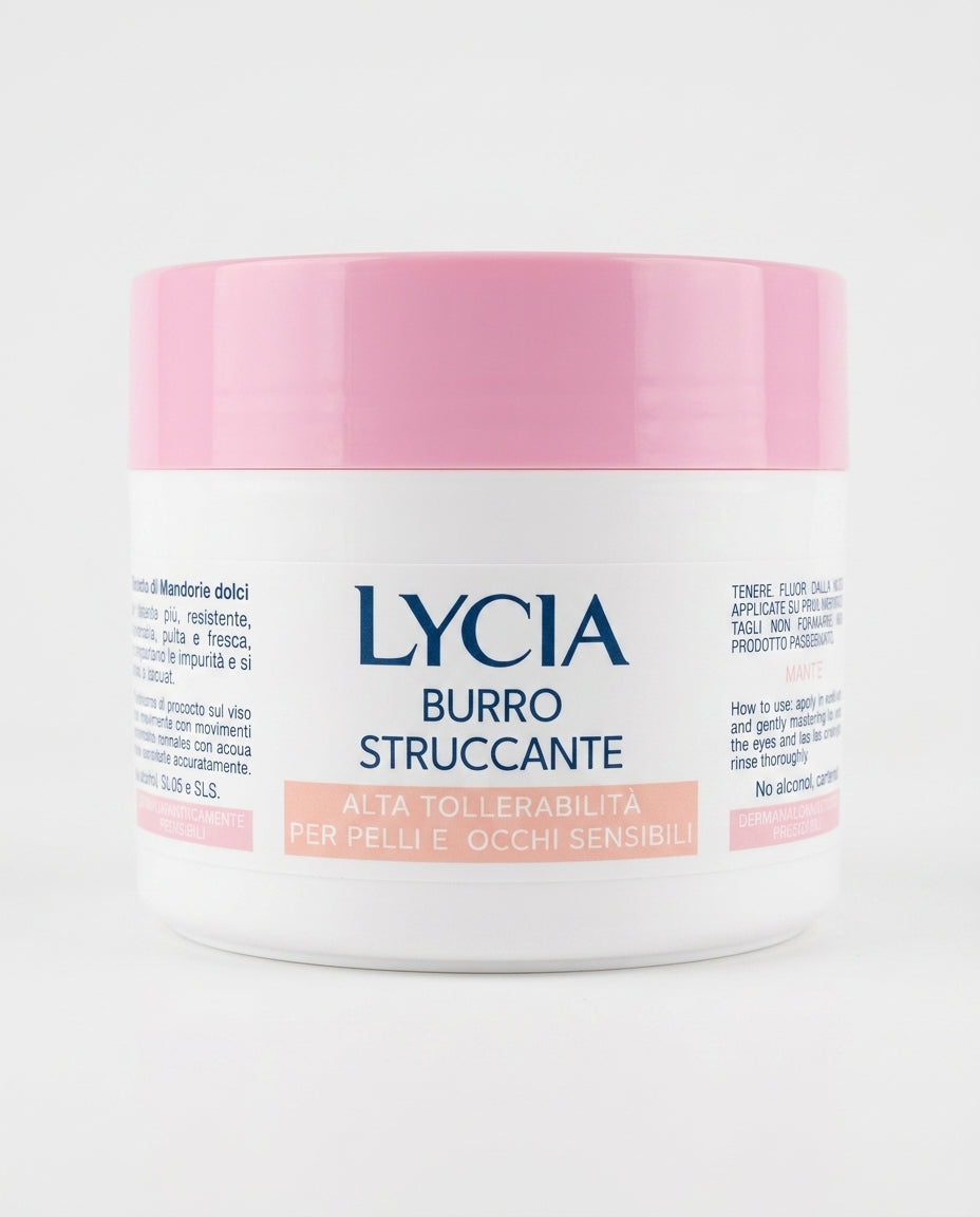 Lycia Burro Struccante Alta Tollerabilità, con burro di karité e olio di mandorle, rimuove anche il trucco resistente, ideale per pelle e occhi sensibili, PAO 12 mesi.
