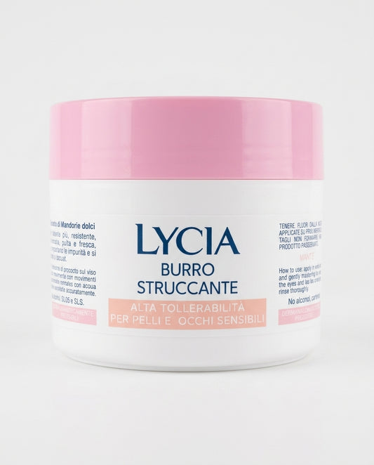 Lycia Burro Struccante Alta Tollerabilità, con burro di karité e olio di mandorle, rimuove anche il trucco resistente, ideale per pelle e occhi sensibili, PAO 12 mesi.