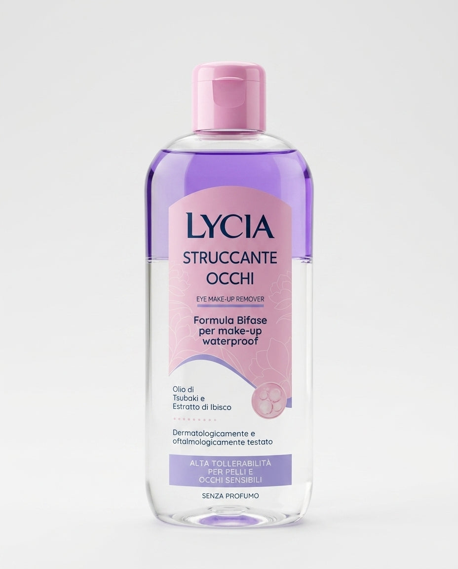 Lycia Struccante Occhi Bifasico 250 ml, senza profumo, con olio di Tsubaki ed estratto di ibisco, rimuove anche il trucco waterproof ed è indicato per pelli e occhi sensibili.
