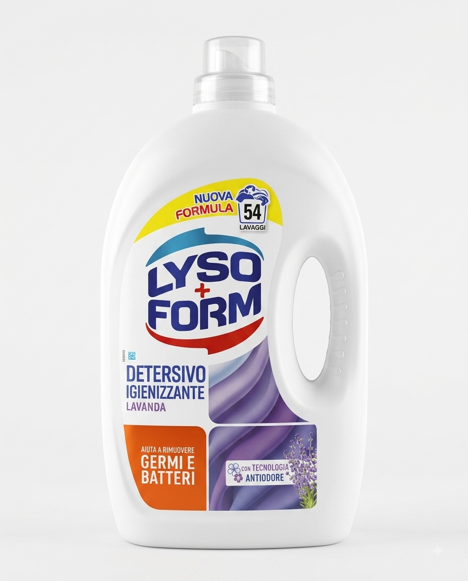 Lysoform Detersivo Igienizzante Lavanda 2,43 L, confezione da 54 lavaggi con tecnologia antiodore e azione smacchiante per una pulizia profonda del bucato.