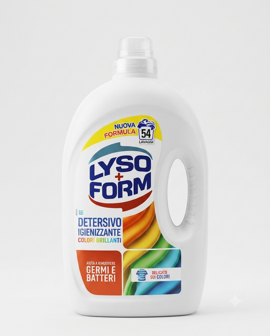 Lysoform Detersivo Liquido Igienizzante 2,43 L, 54 lavaggi, detergente bucato ad azione profonda contro macchie e batteri, protegge i colori dei tessuti garantendo pulizia e igiene quotidiana.