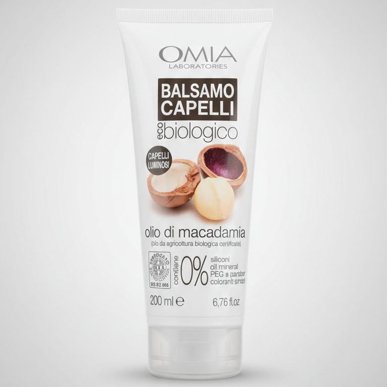Omia Balsamo Capelli Eco Biologico Olio di Macadamia 200ml | Azione Illuminante e Ristrutturante | Per Capelli Stressati, Spenti e Cuoio Capelluto Delicato | Certificato ICEA