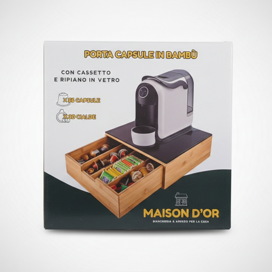 Maison D'OR Porta Capsule e Cialde in Bambù 30x30x10 cm | Organizer 4 Scomparti con Ripiano in Vetro | Base per Macchina Caffè | Capacità 56 Capsule o 20 Cialde