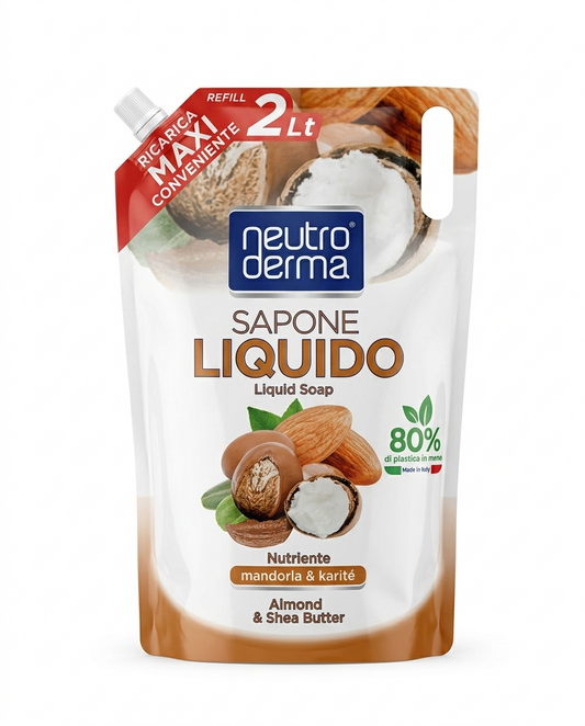 Neutroderma Sapone Liquido Mandorla e Karité 2L, ricarica eco-pouch nutriente per mani e viso
