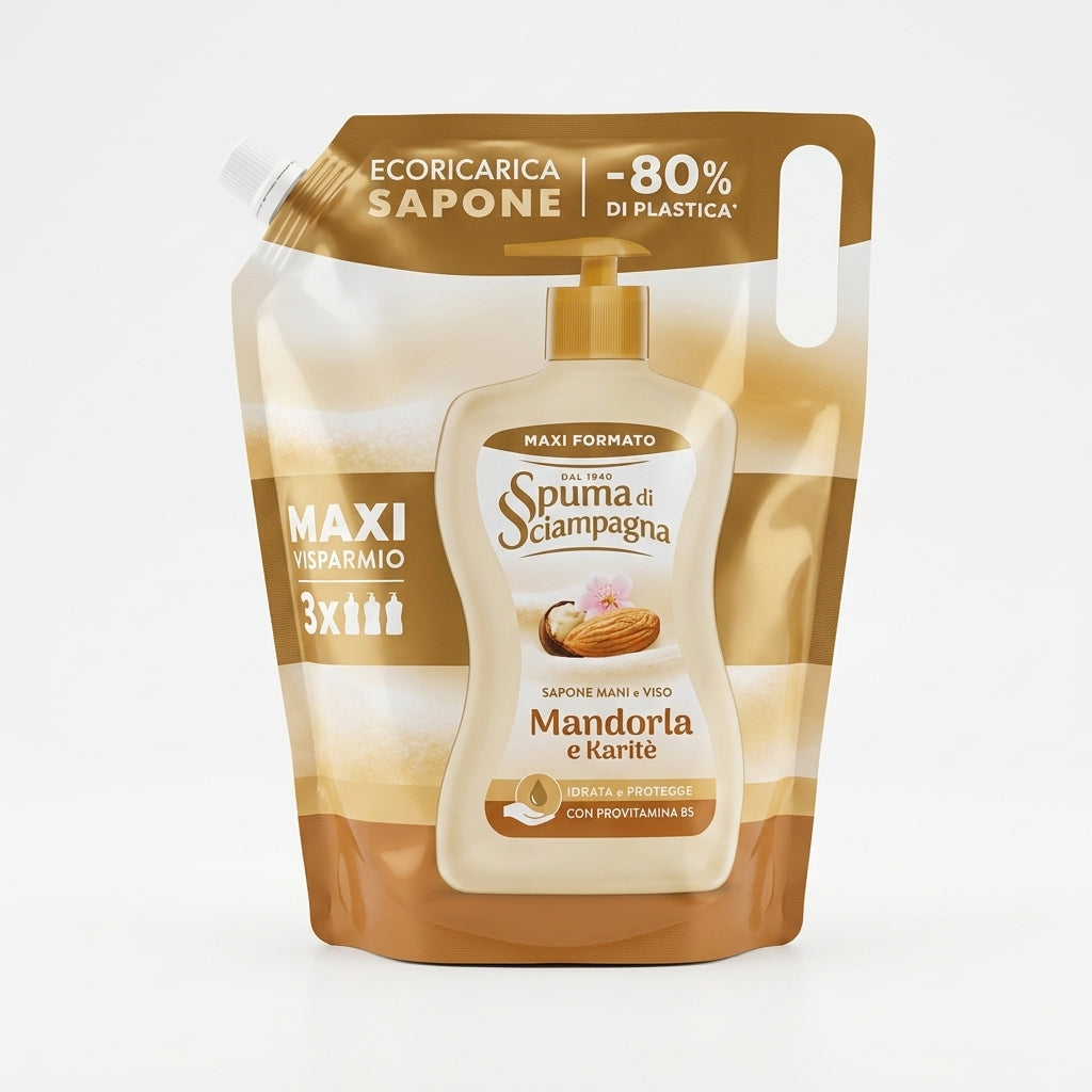 Spuma di Sciampagna Ecoricarica Sapone Mani 1300ml | Con Antibatterico Naturale | 4 Varianti | -80% Plastica