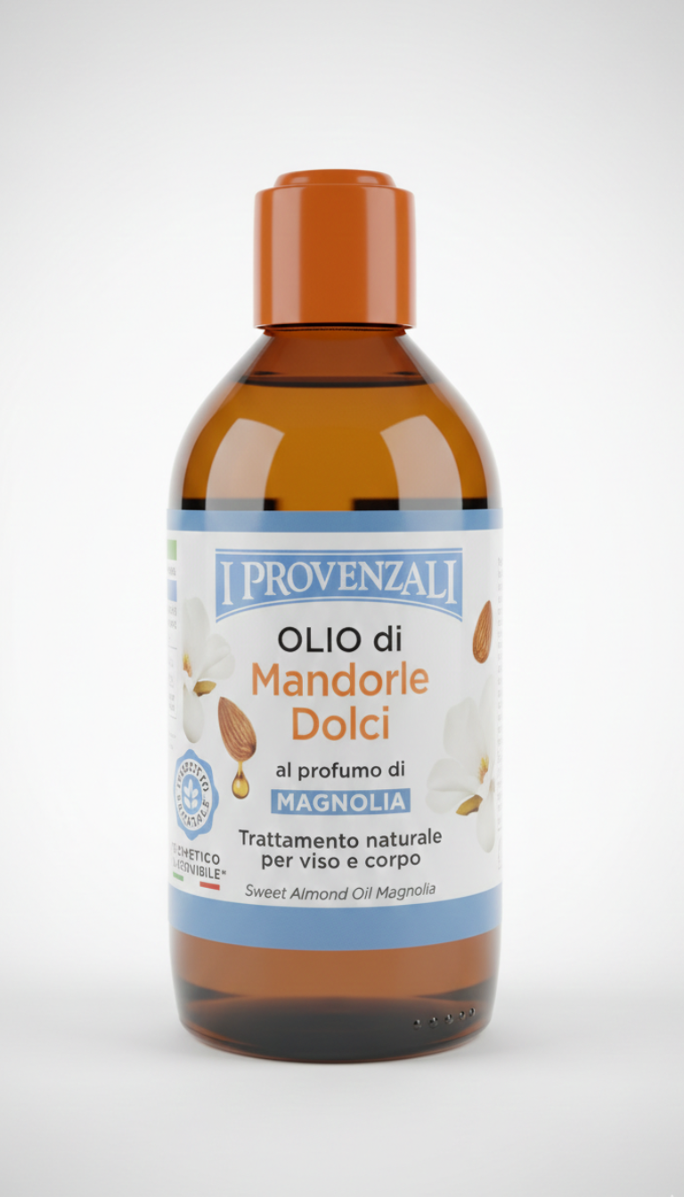 Flacone in vetro da 200ml di Olio di Mandorle Dolci I Provenzali al profumo di magnolia, olio corpo elasticizzante e anti-smagliature biologico e vegan, ideale per pelle secca, idratazione intensa e trattamento vellutante naturale.