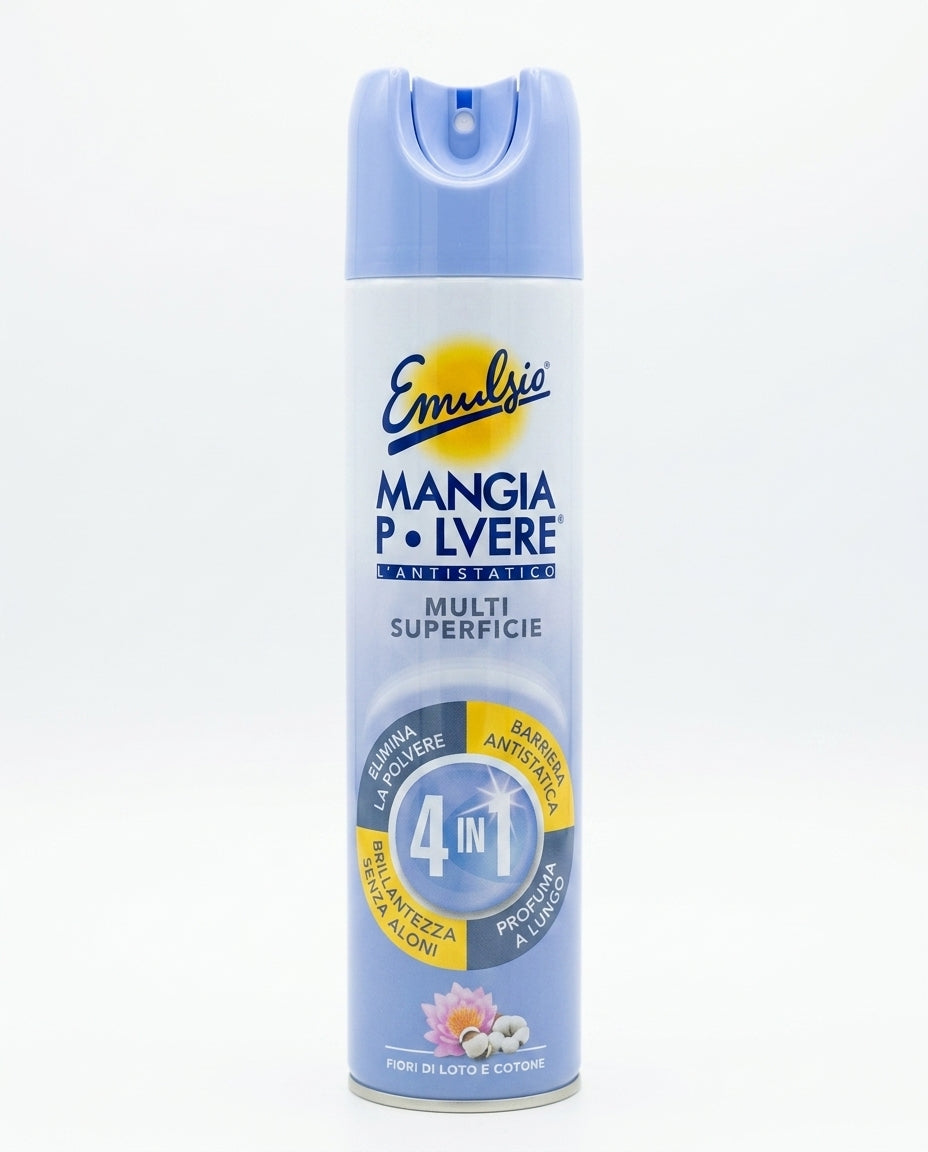 Emulsio Mangiapolvere L’Antistatico Multisuperficie 4 in 1 300 ml, spray antistatico per eliminare la polvere senza disperderla, con barriera anti-rideposito, per superfici brillanti e senza aloni, profumo Fiori di Loto e Cotone e propellente 100% naturale.