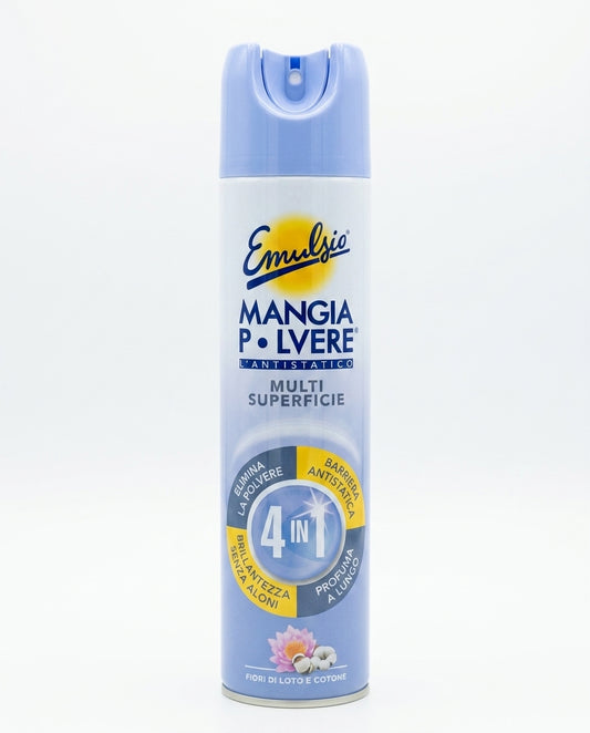 Emulsio Mangiapolvere L’Antistatico Multisuperficie 4 in 1 300 ml, spray antistatico per eliminare la polvere senza disperderla, con barriera anti-rideposito, per superfici brillanti e senza aloni, profumo Fiori di Loto e Cotone e propellente 100% naturale.