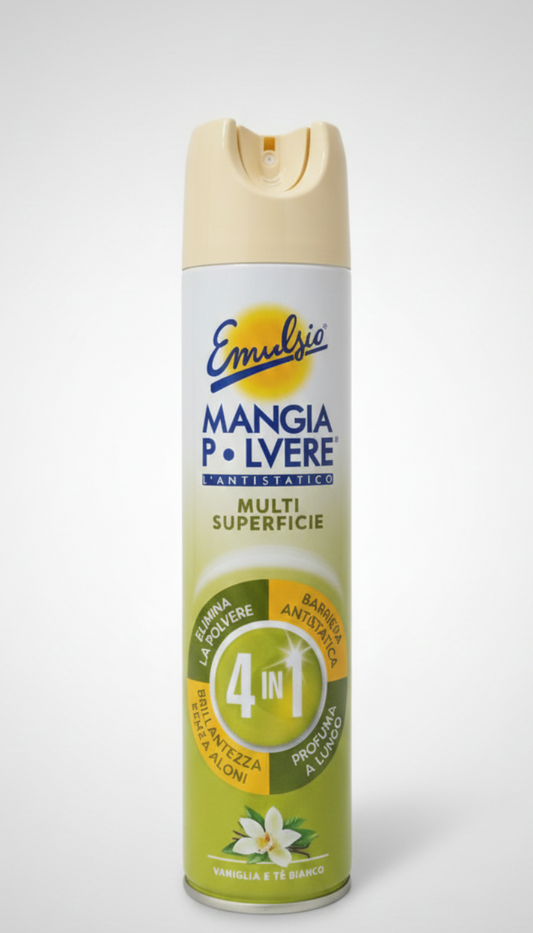 Emulsio MangiaPolvere 4in1 Spray No Gas 300ml Vaniglia e Tè Bianco con azione antistatica e brillantezza senza aloni.