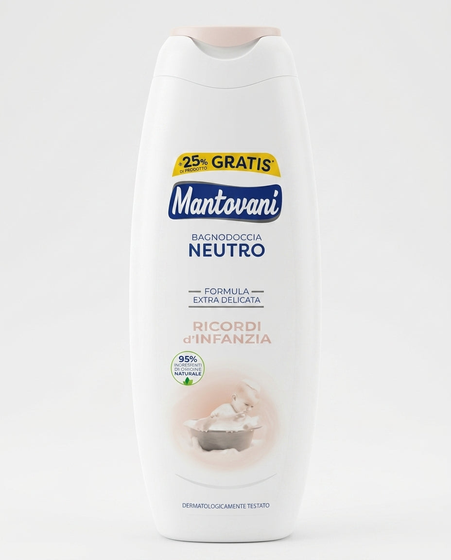 Mantovani Ipoallergenico Bagnodoccia Neutro Ricordi d'Infanzia 500 ml (400+100 ml), con olio di mandorle dolci e formula ultra delicata, ideale per una detersione delicata della pelle.