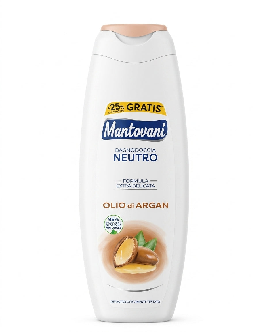 Mantovani Ipoallergenico Bagnodoccia Neutro 400 ml con olio di argan, formulato per detergere delicatamente la pelle con effetto emolliente e rivitalizzante.