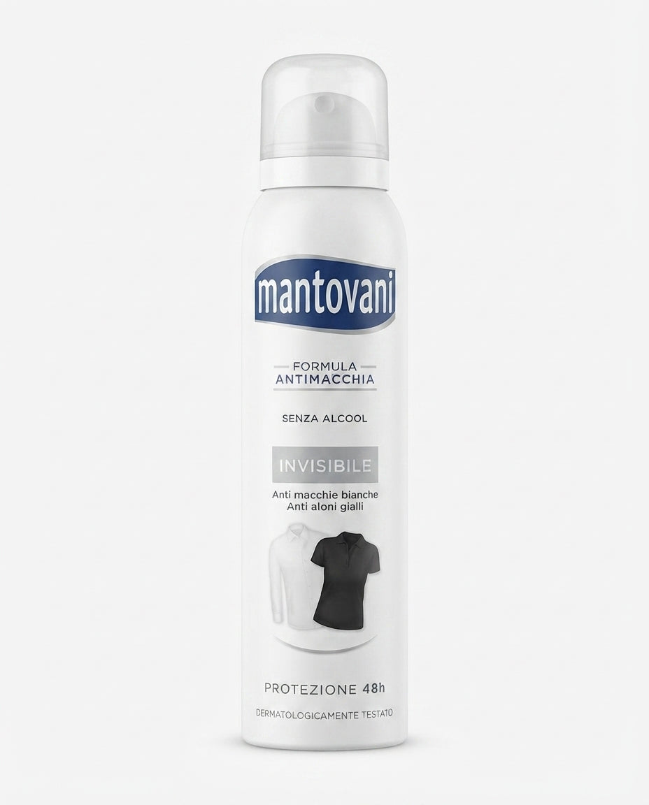 Deodorante spray Mantovani Invisibile Original 150 ml con protezione 48 ore, formula anti-macchia e anti-aloni, dermo-testato e delicato sulla pelle.