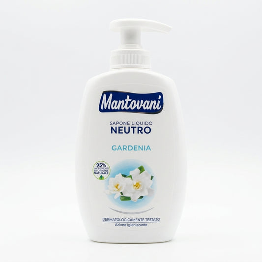 Mantovani Sapone Liquido Neutro Ipoallergenico Gardenia 300 ml, con formula al 95% di origine naturale, vegan e Nickel Tested, per una detersione delicata delle mani e della pelle.