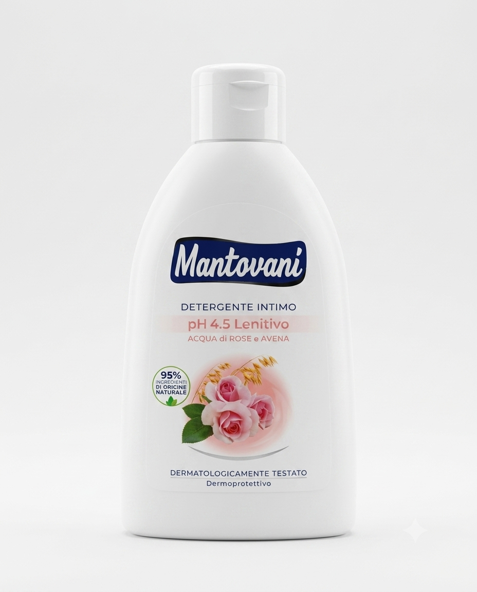Mantovani detergente intimo pH 4.5 250ml con acqua di rose e avena azione lenitiva riequilibrante femminile