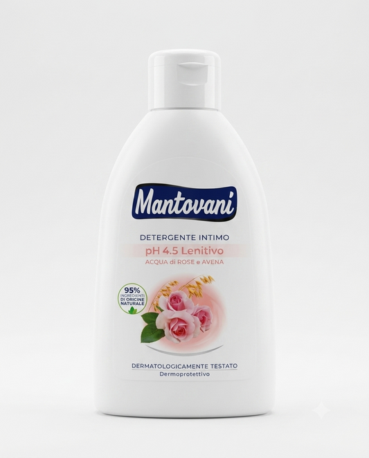 Mantovani detergente intimo pH 4.5 250ml con acqua di rose e avena azione lenitiva riequilibrante femminile