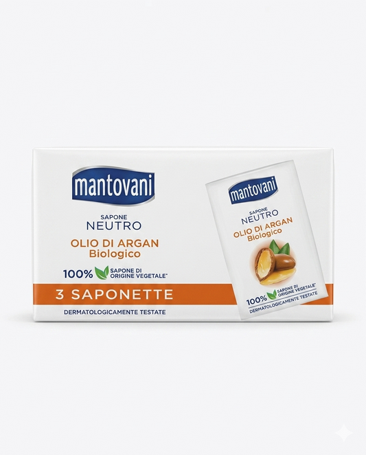 Mantovani saponette argan biologico 3x90g sapone vegetale neutro nutriente pelle morbida e idratante corpo e viso
