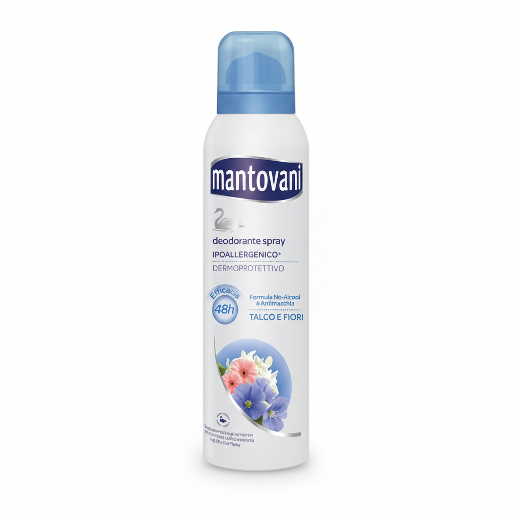 Mantovani Deodorante Spray Talco e Fiori Bianchi 150ml | Ipoallergenico & Dermo-Protettivo | Protezione 48h Senza Alcool | Formula Antimacchia