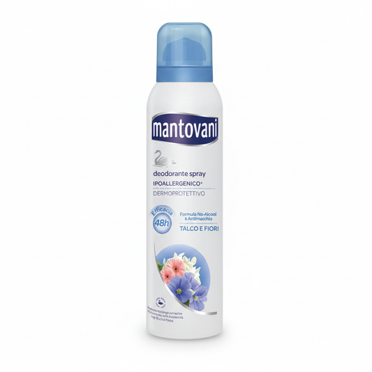 Mantovani Deodorante Spray Talco e Fiori Bianchi 150ml | Ipoallergenico & Dermo-Protettivo | Protezione 48h Senza Alcool | Formula Antimacchia