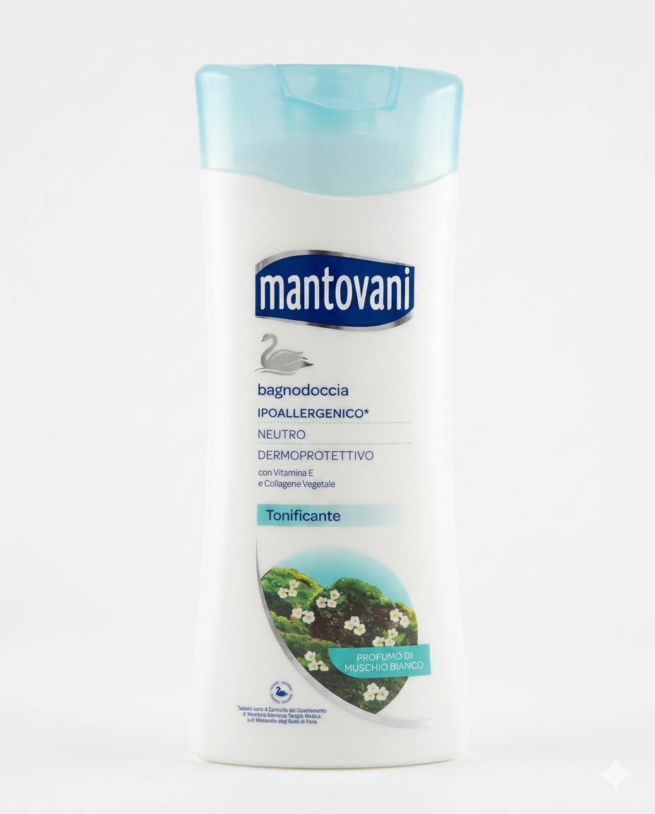 Mantovani Bagnodoccia Tonificante 400ml, profumo muschio bianco fresco e vitalizzante delicato