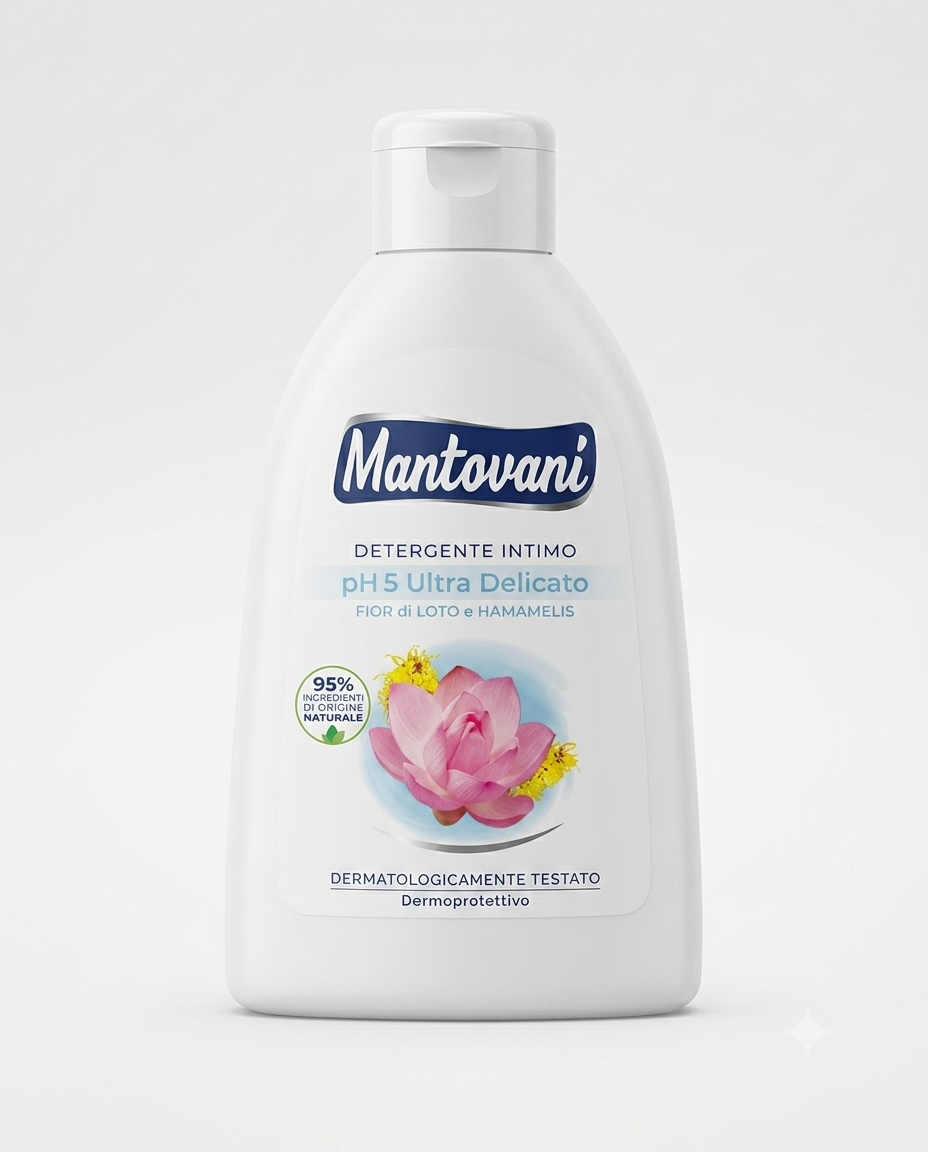 Mantovani detergente intimo pH 5 250ml fior di loto e hamamelis ultra delicato uso quotidiano famiglia