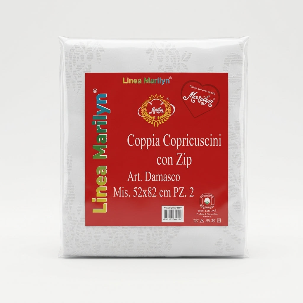 Linea Marilyn Coppia Copricuscini Guanciale Zip Art. Damasco 100% Cotone 52x82 cm – Fodere Protezione Proteggi Cuscino Hotel B&B