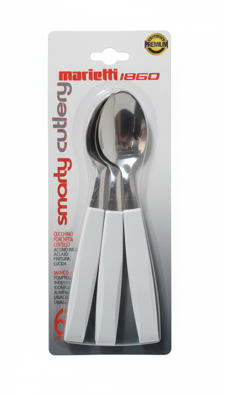 Marietti Smarty Set 6 Cucchiai da Tavola | Acciaio Inox di Alta Qualità | Manico Ergonomico Bianco Neve | Design Moderno e Resistente | Made in Italy