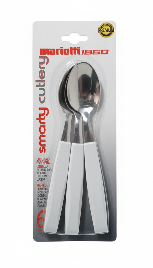 Marietti Smarty Set 6 Cucchiai da Tavola | Acciaio Inox di Alta Qualità | Manico Ergonomico Bianco Neve | Design Moderno e Resistente | Made in Italy