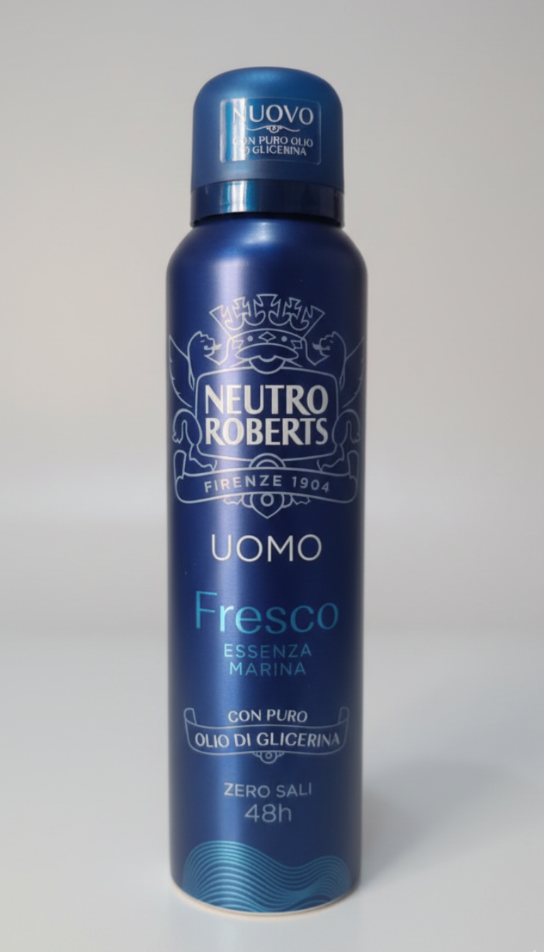Neutro Roberts Uomo Fresco Essenza Marina Spray 150ml | Zero Sali di Alluminio | Protezione 48h con Puro Olio di Glicerina
