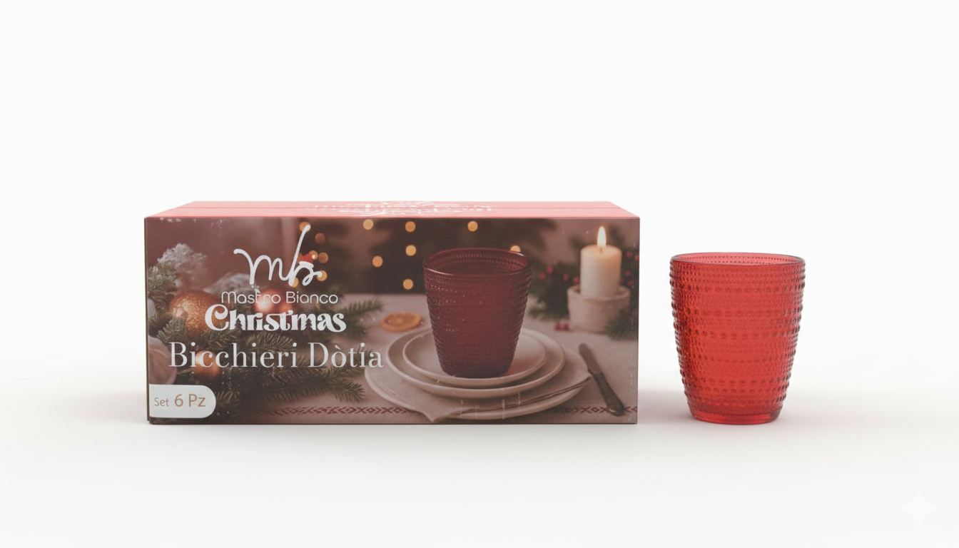 Mastro Bianco Bicchieri Dotia Christmas Set 6 Pezzi - Texture a Rilievo Rosso Natalizio