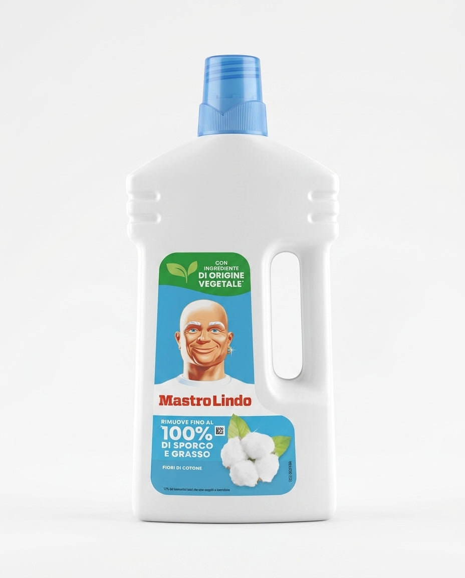 Mastro Lindo Fiori di Cotone 930 ml, detergente multiuso per superfici lavabili, formulato per sgrassare e rimuovere lo sporco, lasciando pulito brillante e profumo di freschezza intensa.