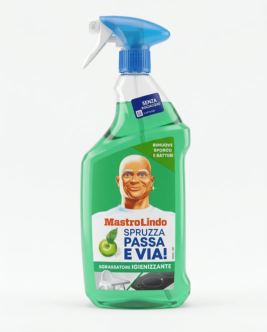 Mastro Lindo Spruzza Passa e Via! Sgrassatore Igienizzante Fiori e Mela Verde 800ml Plastica Reciclabile – Sanificazione Attiva Senza Risciacquo