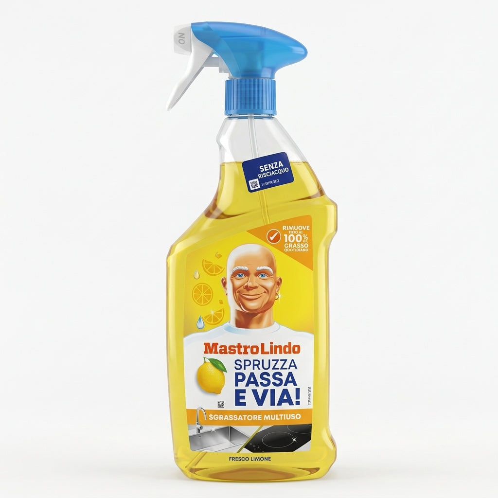 Mastro Lindo Spruzza Passa e Via! Sgrassatore Cucina Fresco Limone 800ml Plastica Reciclabile – Pulizia Attiva Senza Risciacquo