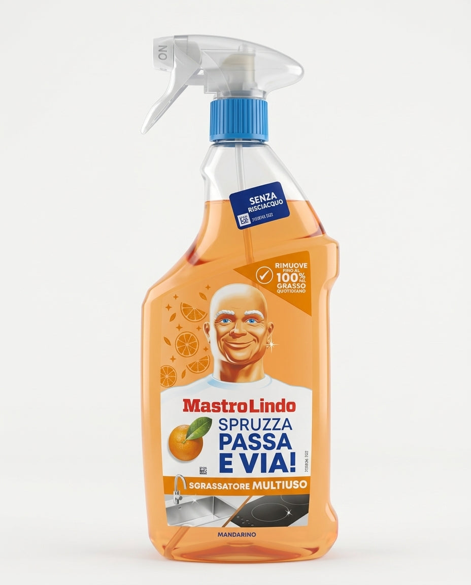 Mastro Lindo Spruzza Passa e Via! Sgrassatore Multiuso Mandarino 800ml Plastica Reciclabile – Pulizia Attiva Senza Risciacquo