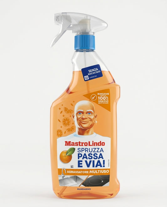 Mastro Lindo Spruzza Passa e Via! Sgrassatore Multiuso Mandarino 800ml Plastica Reciclabile – Pulizia Attiva Senza Risciacquo