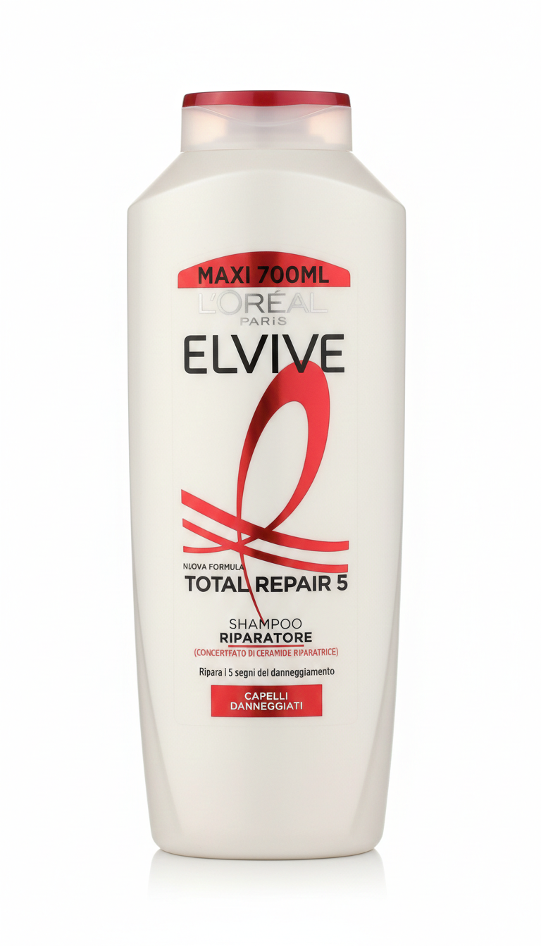 L'Oréal Paris Elvive Total Repair 5 shampoo 700ml in formato maxi, flacone bianco e oro, trattamento riparatore per capelli danneggiati con pro-cheratina e ceramide, formulato per rinforzare la fibra capillare, levigare la cuticola e migliorare luminosità, morbidezza e resistenza dei capelli sfibrati.